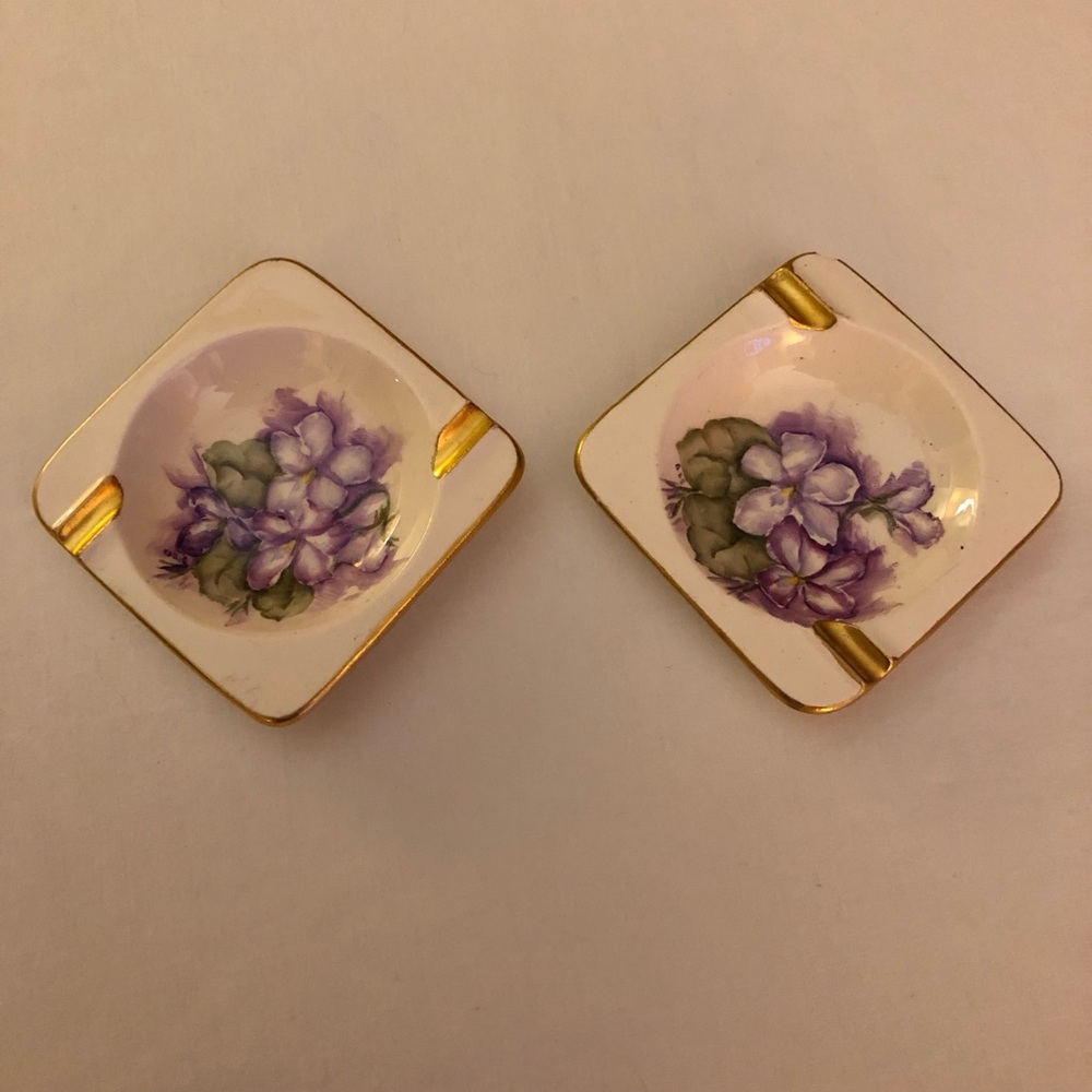 Vintage Hand-Painted Porcelain Floral Ashtrays Gold Trim - Pair Signed